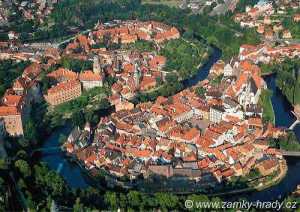 Aerial view of the Bohemian city of Český Krumlov, whose building runs from the medieval period to the present day
