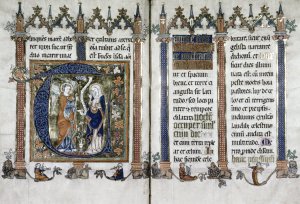 A double-page spread from a fourteenth-century book of sermons, designed to evoke a cathedral