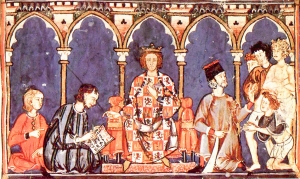 Alfonso X of Castile and his court, as shown in <a href="http://www.library.arizona.edu/exhibits/illuman/12_07.html">the 12th-century Libro de los Juegos</a>; from Wikimedia Commons
