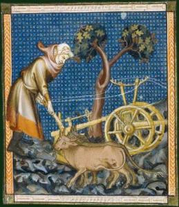 Medieval peasant at work with a hand plough, from a manuscript in the Bibliothèque National de France