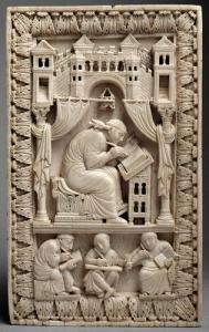Ivory carving of Pope Gregory the Great being inspired by the Holy Spirit, now in the Kunsthistorisches Museum, Vienna