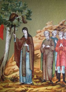 Modern illustration of St Sefan of Perm cutting down a sacred tree of the Komi people in the 1380s