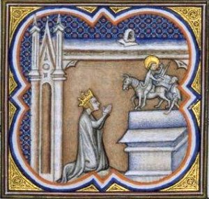 Fifteenth-century illuminatiion of Queen Clothilde offering prayers to St Martin