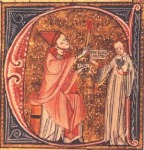 Decorated initial showing Pope Gregory VII excommunicating King Henry IV of Germany
