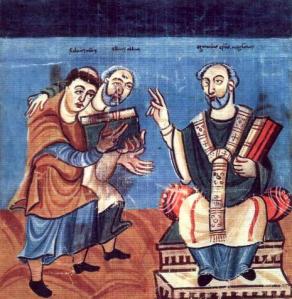 Hraban Maur presenting his Liber de Sancti Crucis to Archbishop Otgar of Mainz, encouraged by Alcuin: Vienna, Codex Vindobonensis 652