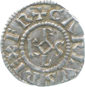 Silver denier of Charles the Bald, from Bourges mint, showing Karolus monogram