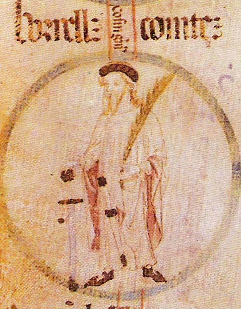 Count-Marquis Borrell II of Barcelona, Girona, Osona (945-993) and Urgell (947-993), as pictured in the Rotlle genealògic del Monestir de Poblet, c. 1400