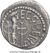Reverse of silver early penny of York mint in the names of King Eadberht of Northumbria and Archbishop Egberht of York, 738x57, Fitzwilliam Museum, CM.1998-2007