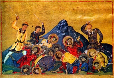 Tenth-century manuscript depiction of Bulgars slaughtering Byzantine 'martyrs'
