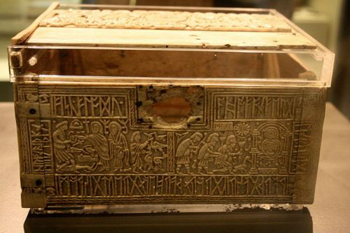 Front panel of the Franks Casket, in the British Museum, showing Weland the Smith on the right and the Adoration of the Magi on the left;