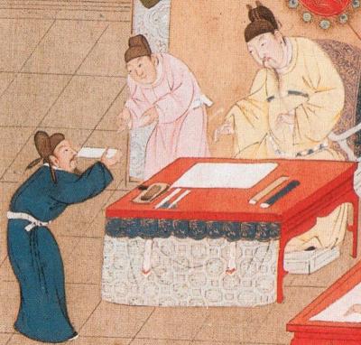 A candidate presenting an examination paper to the Song Emperor in the civil service examinations, from Wikimedia Commons