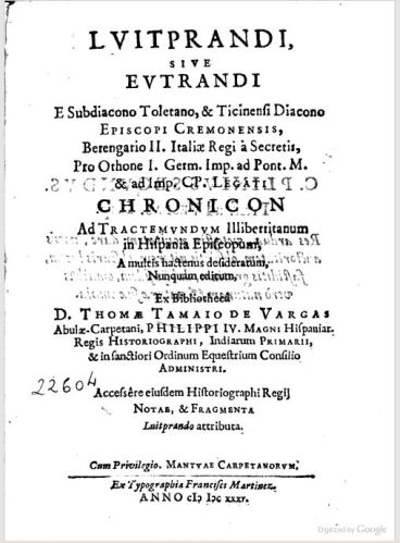 Title page of the 1635 edition of works attributed to Liudprand by Tamaio de Vargas