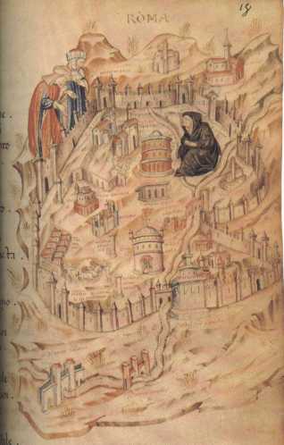 Manuscript depiction of medieval Rome as widow during the period of the Avignon Papacy