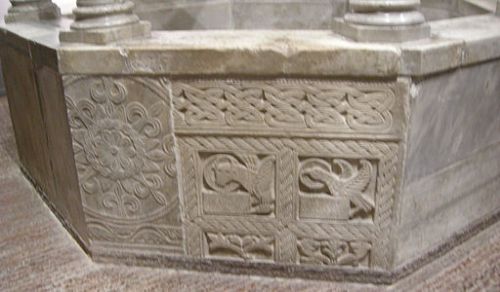 Carolingian-period sculptural panel on a baptismal font ion the church of Cividale