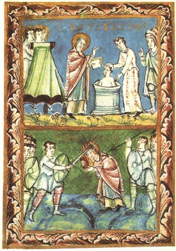 Illustrations of Boniface baptising pagans, above, and receiving his martyrdom, below, from the eleventh-century Fulda Sacramentary
