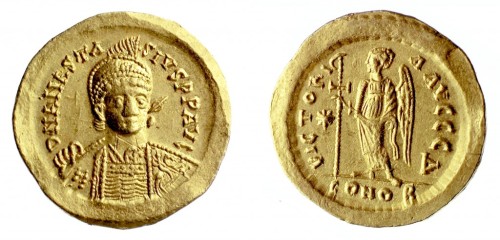 A gold solidus of Emperor Anastasius (491-518) struck in Constantinople, Barber Institute of Fine Arts B0031