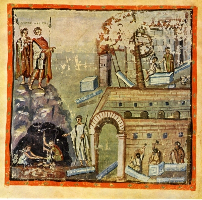 An illustration showing Æneas, hero of the eponymous Æneid, from a fifth-century manuscript of it now in the Vatican, Biblioteca Apostolica, Cod. Vat. lat. 3225