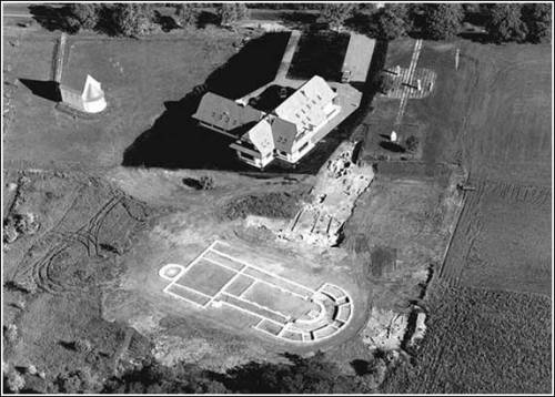 Aerial view of the centre of the fortress site of Mosaburg, now Mocs´rvár in Hungary