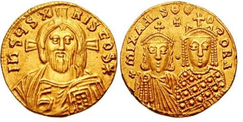 Gold solidus of Emperor Michael III and Empress Theodora struck in Constantinople between 842 and 856, sold in Classical Numismatic Group auction no. 64, lot 1330.