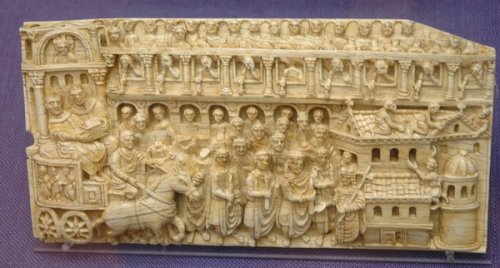 Copy of an ivory plaque showing Emperor Theodosius II and Empress Pulcheria overseeing a relic translation in Constantinople, this copy in the Römisch-Germanisches Museum Mainz, the original in Trier