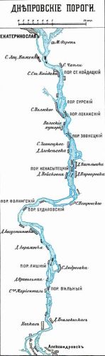 Map of the rapids down the Dnieper river constructed more or less from the account of the De Administrando Imperio