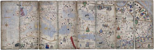 An eight-page montage of the Catalan Atlas in its Paris manuscript