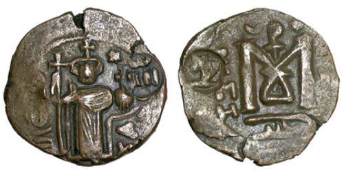 Copper-alloy forty-nummi coin struck by an unknown issuer at Emesa (Hims) at an uncertain date, and later countermarked on both sides, Barber Institute of Fine Arts A-B15