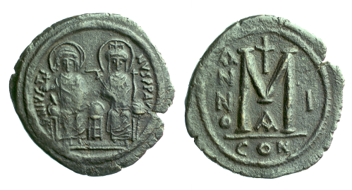 A copper-alloy forty-nummi coin of Emperor Justin II, struck at Constantinople in 565-566, Barber Institute of Fine Arts B1208