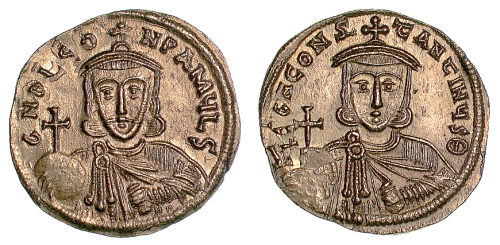 A gold solidus of Emperors Leo III and Constantine V struck at Constantinople in 717-741, Barber Institute of Fine Arts B4510