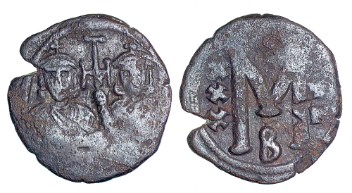 Copper-alloy follis of Emperors Leo III and Constantine V struck at Constantinople between 717  and 741, Barber Institute of Fine Arts B4530