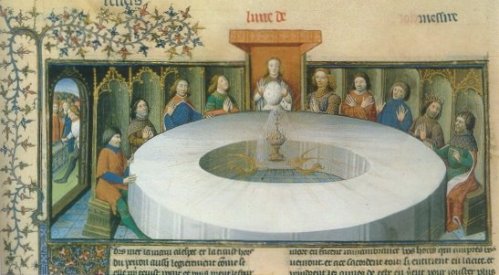 Medieval manuscript illumination of King Arthur's court and the Round Table