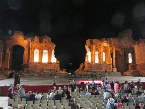 Evening view from the seating inside the Greco-Roman theatre, Taormina, Sicily