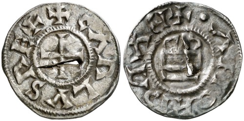 Silver denier struck in Barcelona, probably in the late ninth or early tenth century. Aureo y Calicó, Ramon Muntaner sale, April 2014, lot 211