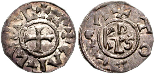 Silver denier of Charlemagne struck at Toulouse between 792 and 812