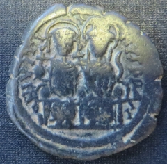 Obverse of copper-alloy 40-nummi of Emperor Justin II struck at Nicomedia in 574-575, Brotherton Library, University of Leeds, Thackray Collection, CC-TH-BYZ-227