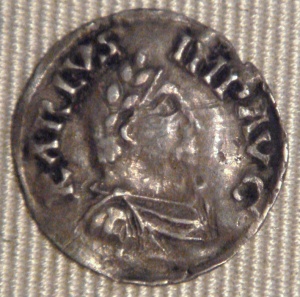 Obverse of a silver portrait denier of Charlemagne, probably struck at Aachen between 813 and 814, now in the Cabinet des Médailles of the Bibliothèque nationale de France, image from Wikimedia Commons