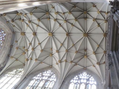Renovated roof vaulting and bosses in the nave of York Minster