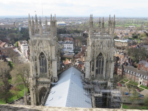 View down on its westwork from the central tower of York Minster