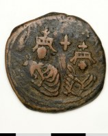 Obverse of copper-alloy follis of Emperors Heraclius and Heraclius Constantine overstruck on one of Maurice Tiberius from Antioch at Isaura in 617-618, Dumbarton Oaks Collection BZC.1980.5