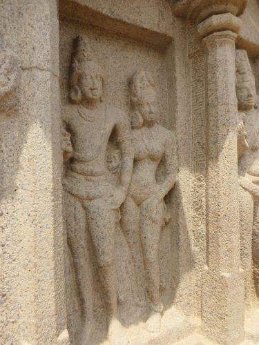 Deities carved into the side of the Dharmaraja Ratha, Mahabalipuram, Tamil Nadu
