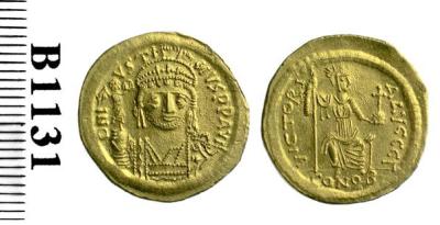 Gold solidus of Emperor Justin II struck at Constantinople in 565-85 CE, Barber Institute of Fine Arts B1131
