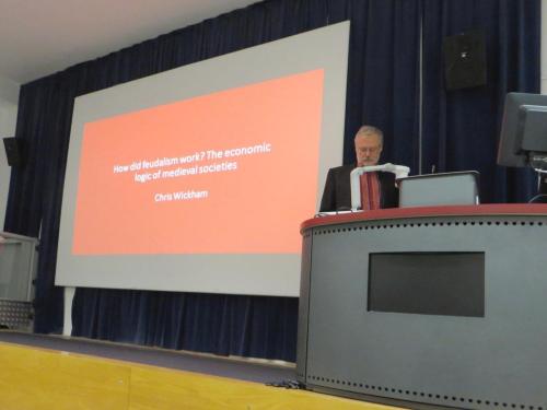 Chris Wickham setting up for the Eric Hobsbawm Memorial Lecture at Birkbeck, University of London, 14 May 2019