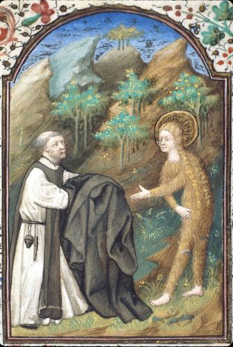 Mary of Egypt being given a cloak by the monk Zosimos in the desert, as pictured in British Library Yates Thompson MS 3 fo. 287