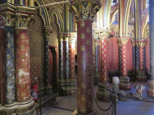 Painted pillars and wall panels in the lower storey of the Sainte-Chapelle, Paris