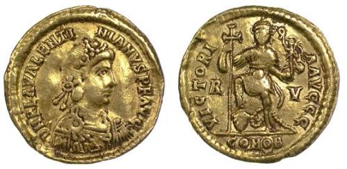 Gold solidus of Emperor Valentinian III struck at Ravenna 425-455 CE, Barber Institute of Fine Arts LR0540