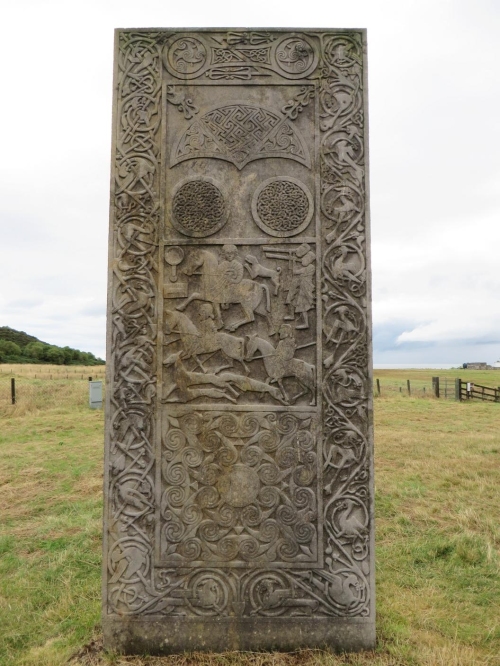Obverse of the modern replica of the Hilton of Cadboll symbol stone that now stands at the site