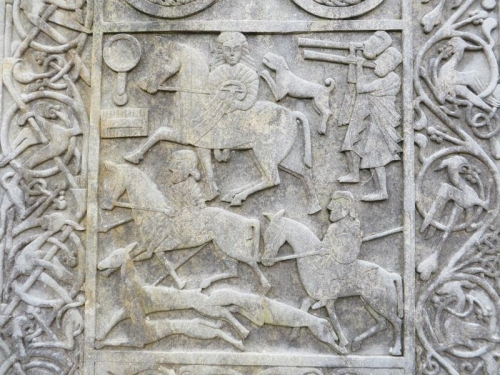 Hunting scene details on the replica Hilton of Cadboll Pictish stone