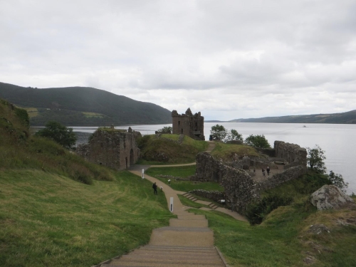 View of the newer buildings at Urquhart Castle from the older keep