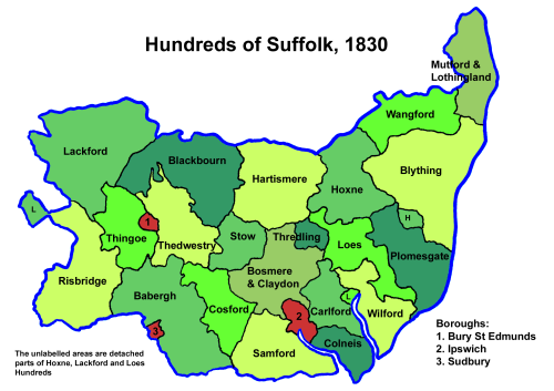 Map of the hundred divisons of Suffolk as of 1830
