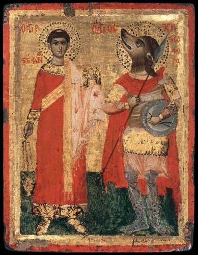 14th-century icon of Saints Stephen and Christopher as priest and dog-headed soldier